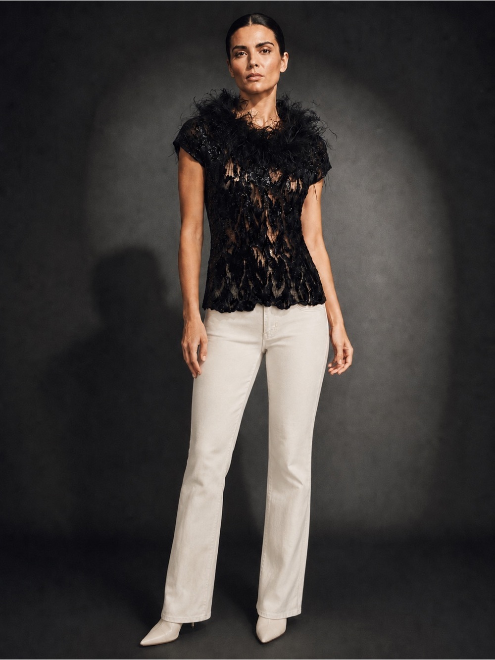 Rare Vintage Joseph Ribkoff Black Burnout Velvet Top Ostrich Feather Trim Medium